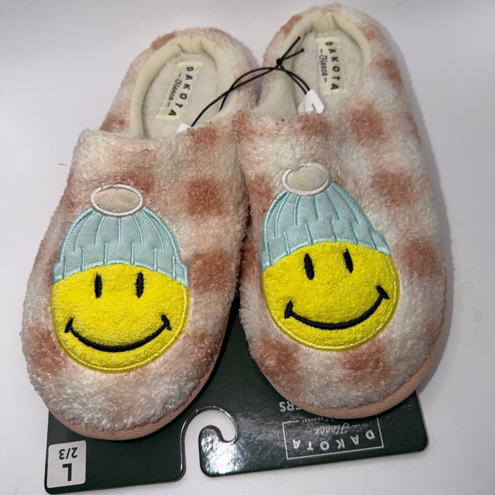 Dakota Fleece Girls Size‎ L 2/3 Smiley Face Beanie Plush Slippers Pink Checkered